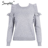 Simplee Elegant cold shoulder knitted sweater women jumper Casual long sleeve sweater female Autumn winter ladies pullover 2018