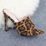 Women New Thin High Heels Leopard Mules 2019 Summer Slides Peep Toe Sandals Suede Mujer Party Shoes Plus Size 35-43 WXG691